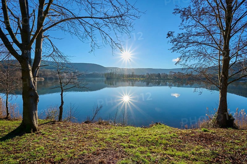Lake with trees at sunrise, Freudenberg am Main, Untermain, Spessart, Odenwald, Franconia, Baden-Württemberg, Germany, Europe