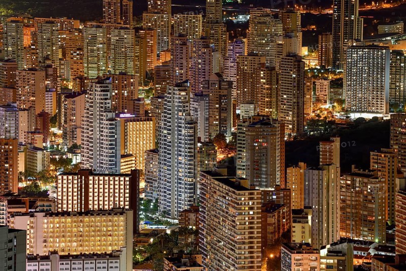 Skyscrapers by night, Benidorm, Costa Blanca, Valencian Country, Spain, Europe
