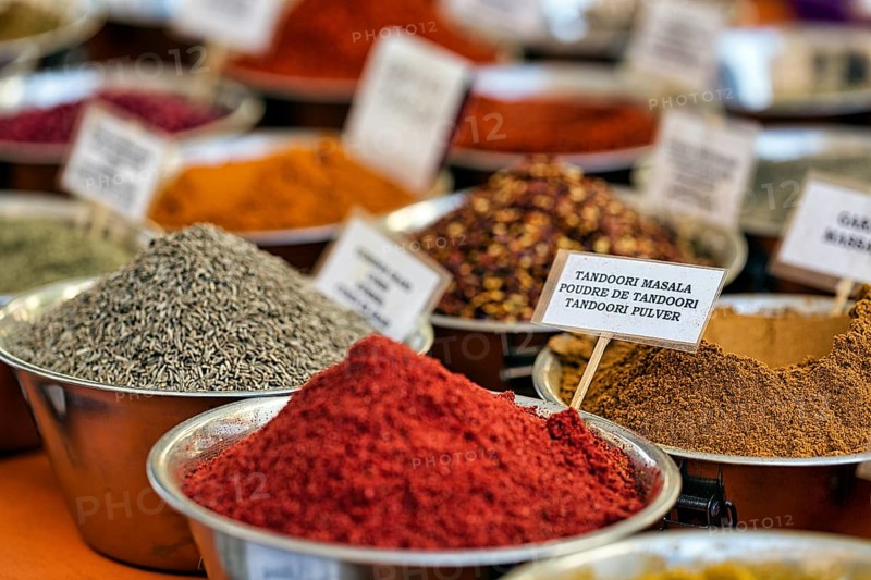Various spices, tandoori masala at a market stall, multilingual labelling on signs, weekly market market in Villaricos, Cuevas del Almanzora, Almeria, Andalusia, Spain, Europe