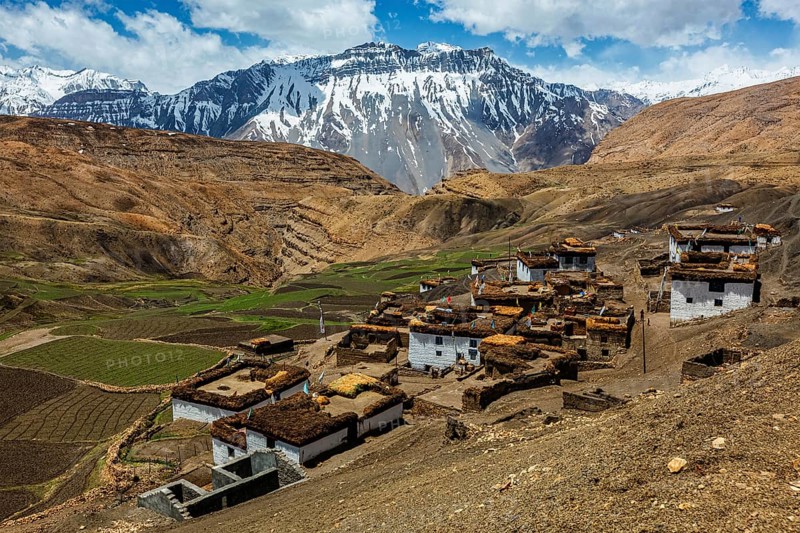 Comic village in Himalayas. Spiti Valley, Himachal Pradesh, India, Asia