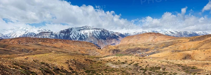 Panorama of Spiti valley and Kibber village. Spiti Valley, Himachal Pradesh, India, Asia
