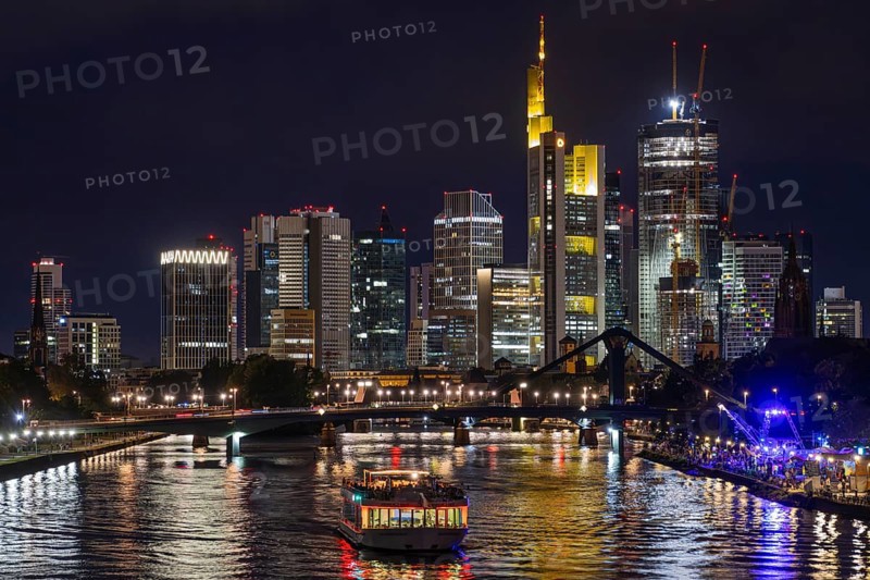 The lights of Frankfurt's banking skyline shine in the evening., Osthafen, Frankfurt am Main, Hesse, Germany, Europe