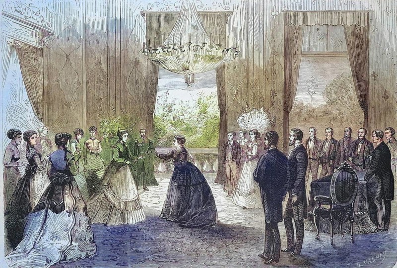 Visit of Empress Eugenie de Montijo, Maria Eugenia Ignacia Agustina de Palafox Portocarrero de Guzman y Kirkpatrick with Queen Victoria of England, Historic, digitally restored reproduction of an original 19th century master, exact original date unknown