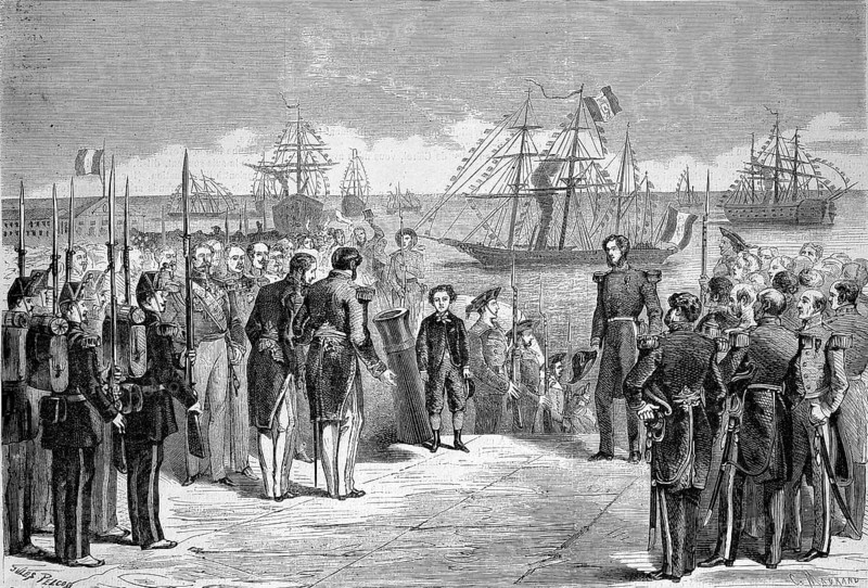 Voyage of the Imperial Prince Crown Prince Napoleon Eugene Louis Jean Joseph Bonaparte (16 March 1856 to 1 June 1879) to Cherbourg, the Prince coming off the yacht La Reine, 1869, France, Historic, digitally restored reproduction of an original 19th century painting, exact original date not known, Europe