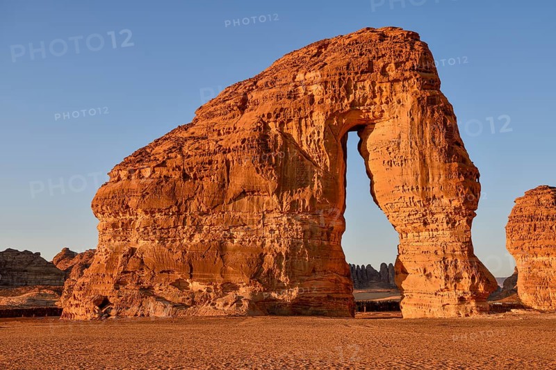 Elephant Rock or Elephant Rock in First Daylight, AlUla, Medina Province, Saudi Arabia, Arabian Peninsula, Asia