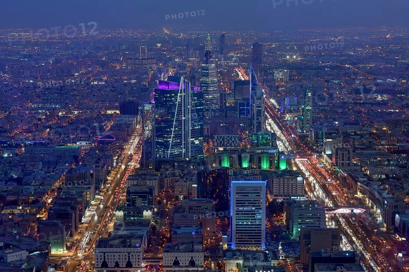 Panoramic view from the Sky Bridge, blue hour, Kingdom Center, Riyadh, Saudi Arabia, Asia