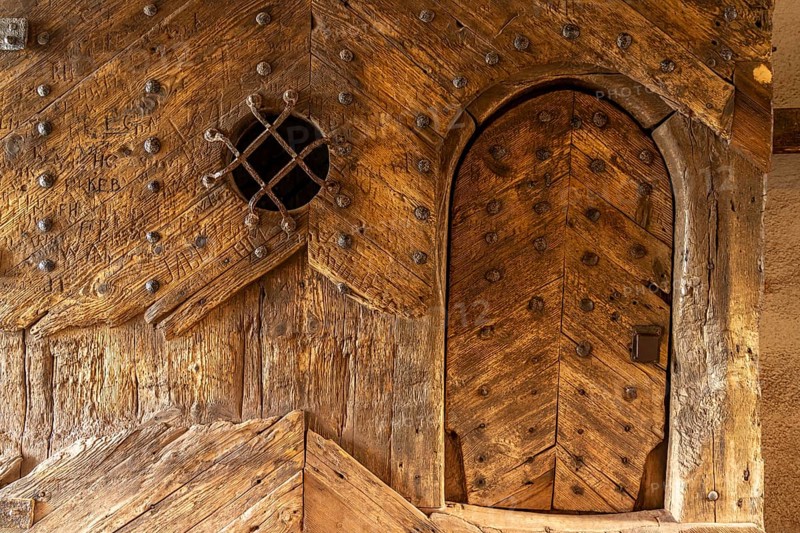 Wooden door in the gatehouse of Wartburg Castle, UNESCO World Heritage Site in Eisenach, Thuringia, Germany, Europe
