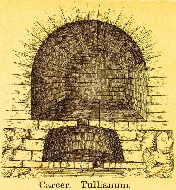 Carcer Tullianum or Tullianus, Roman prison, underground room, cellar vault, stone wall, title, ancient Rome, Italy, coloured historical illustration from 1882, Europe
