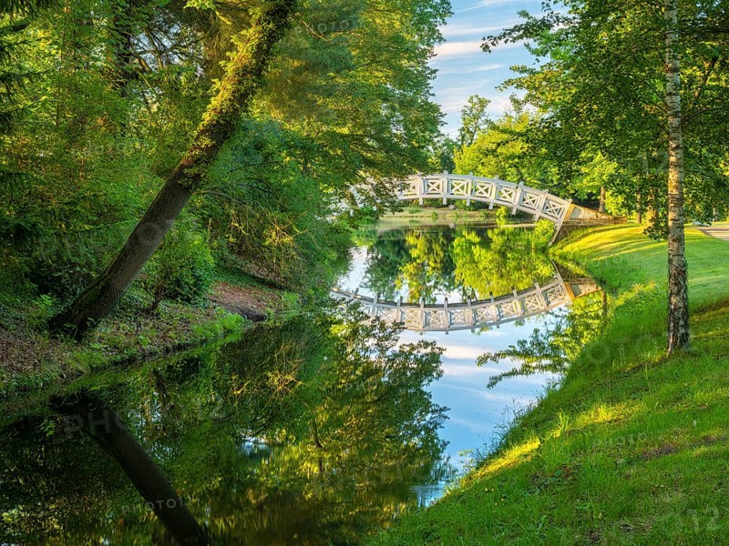 The Chinese or White Bridge in Wörlitz Park in the evening light, Garden Kingdom Dessau-Wörlitz, Wörlitz, Saxony-Anhalt Germany