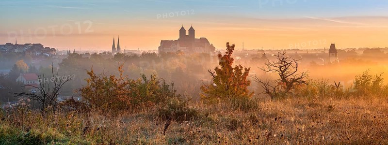 Panorama of Quedlinburg at sunrise, view of the castle hill with the collegiate church of St. Servatius in fog and morning light, UNESCO World Heritage Site, Quedlinburg, Saxony-Anhalt, Germany, Europe