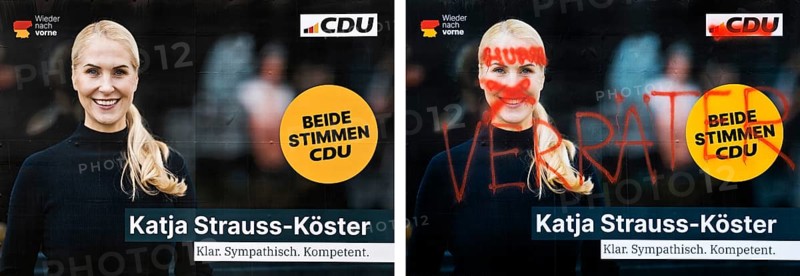 Comparison of two large posters for the 2025 federal election by the CDU with Katja Strauss-Köster, Verungliimpfung, Witten, Germany, Europe