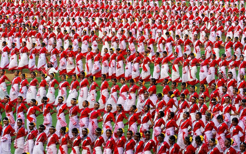 Several thousands of dancers perform traditional Jhumur dance, as they full dress rehearse on the eve of 'Jhumoir Binandini' event at the Sarusajai Stadium in Guwahati, India on February 23, 2025. Jhumur Dance is a traditional folk dance popular in Assam, West Bengal, Jharkhand, and Odisha, mainly performed by the Adivasi (Tea Tribe) community and other indigenous groups