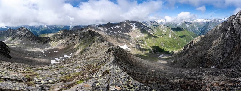 Panorama, steep rocky mountain ridge, at the summit of the Lasörling, view of the mountain panorama of the Venediger Group, Lasörling Group, Hohe Tauern National Park, East Tyrol, Tyrol, Austria, Europe