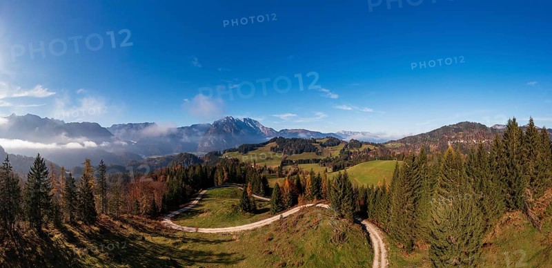 Drone shot, view from the Moosegg high plateau to the Hoher Göll, Golling, Osterhorn group, Salzburg province, Austria, Europe