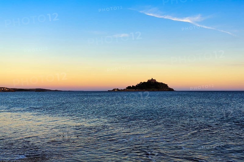 St Michael's Mount, tidal island with castle, evening sky, single cirrus, Marazion, Cornwall, England, Great Britain