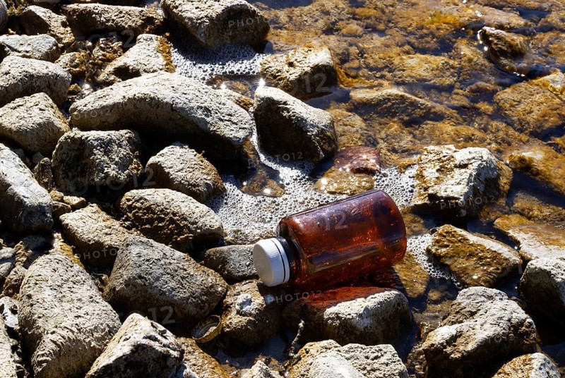 Environmental pollution, Plastic bottle washed up on the lake shore, Household waste, Austria, Europe