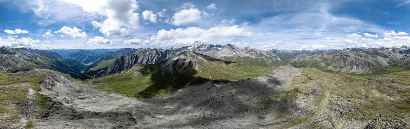 Panorama, mountain landscape with mountain hut Glorer Hütte and summit Großglockner, aerial view, Schober group, Hohe Tauern National Park, Eastern Alps, Carinthia, Austria, Europe