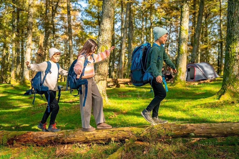 Three young caucasian brothers and sister walking playfully maintaining the balance on a tree trunk in the forest