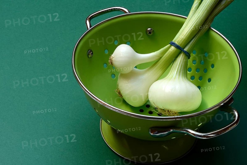 Onion, spring onions in sieve pot