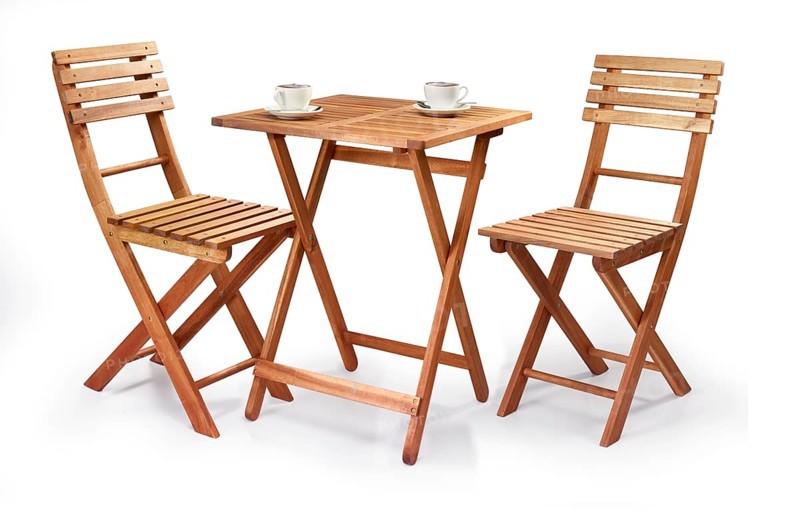 Balcony or bistro set, 2 folding chairs and wooden end table in front of a white background, two cappuccino cups on the table, studio shot