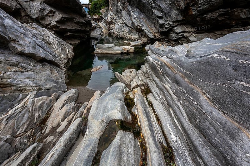 Rocks, granite rock formations in the Maggia River near Ponte Brolla, in the Maggia Valley, Valle Maggia, Canton Ticino, Switzerland, Europe