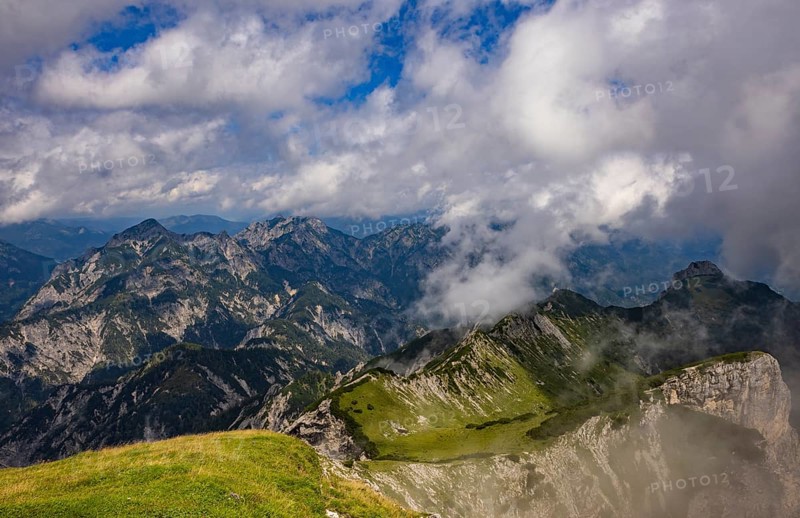 View from Gamsfeld to Rinnkogel and Rettenkogel, Osterhorn group, Salzkammergut, Salzburg province, Austria, Europe