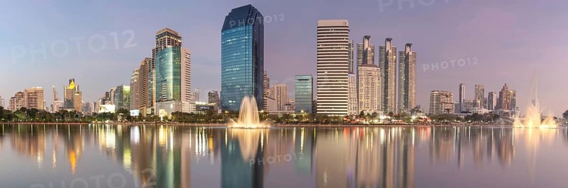 Benjakitti Park, eastern water zone with water fountain, a municipal park in the Khlong Toei district, Bangkok, Thailand, Asia