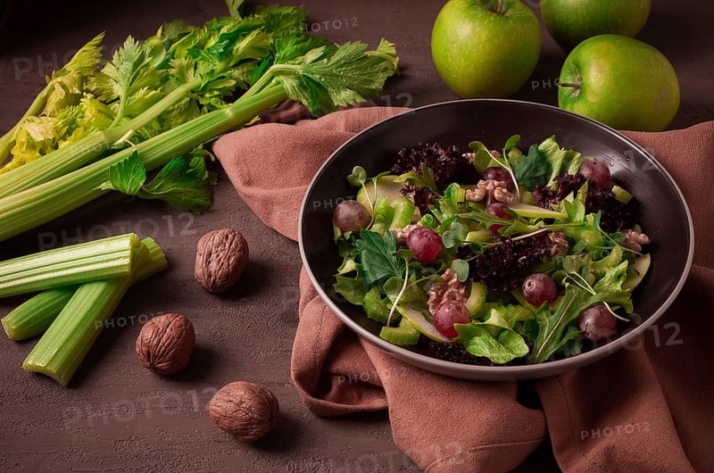 Fresh, Waldorf salad, celery stalk with chicken, apple and walnut, grapes, herbs, homemade, no people