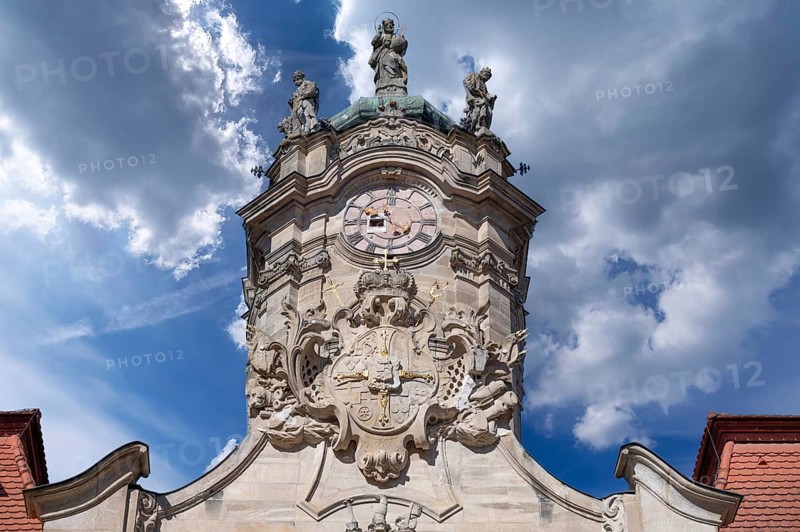 Clock tower of the castle church in the courtyard of the Ellingen Residence, Ellingen, Middle Franconia, Bavaria, Germany, Europe