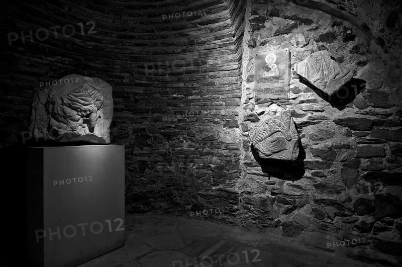 Interior view of the crypt, remains of the Roman baths, Church of Hagios Demetrios, also known as Agios Dimtrios or Demetrios Basilica, Thessaloniki, Macedonia, black and white, Greece, Europe