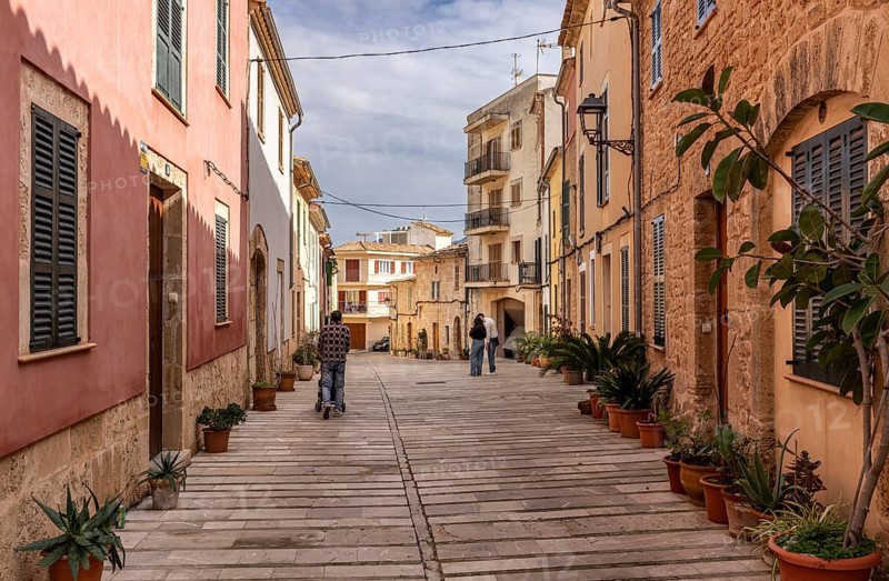 Small alleyways in the historic old town of Alcudia, Majorca, Spain, Europe