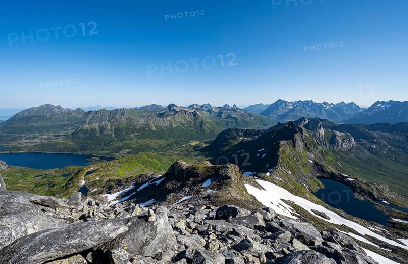 Mountains and fjord landscape, view from the summit of Rundfjellet, Lake Hellskarvatnet, Svolvaer, Nordland, Norway, Europe