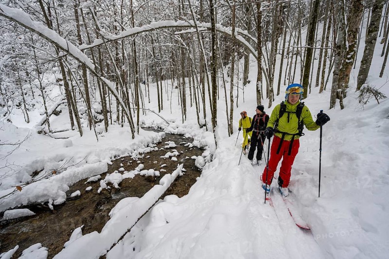 Three ski tourers in snowy winter forest with mountain stream, Hachelbach in Josefstal, Mangfallgebrige, Neuhaus, Bavaria, Germany, Europe