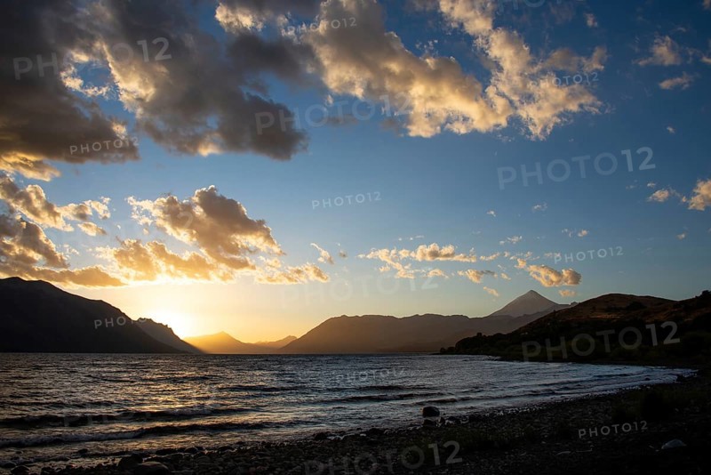 Sunset at Lago Huechulafquen with the Lanin volcano in Lanin National Park, Patagonia, Argentina, South America