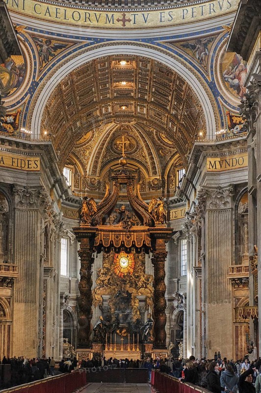 View through bronze canopy by Gian Lorenzo Bernini under dome of St Peter's Basilica, behind it apse main apse with larger-than-life replica of throne Cathedra Petri bronze reliquary for wooden chair Saint chair of first pope allegedly chair of Simon Peter, St Peter's Basilica, Vatican City, Vatican, Rome, Italy, Europe