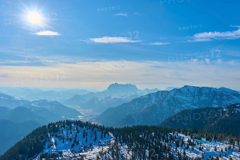 Snow-covered mountains under a clear blue sky with bright sunshine, Steinplatte, Waidring, Tyrol, Austria, Europe
