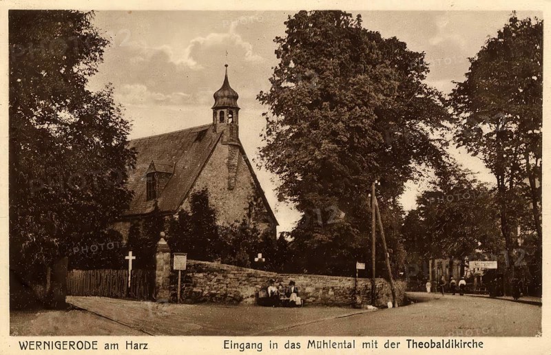 Historical postcard, picture postcard, entrance to the mill valley with the Theobaldi church in Wernigerode, Saxony-Anhalt, Germany, digitally enhanced reproduction of an original from around 1900, picture postcard, Europe