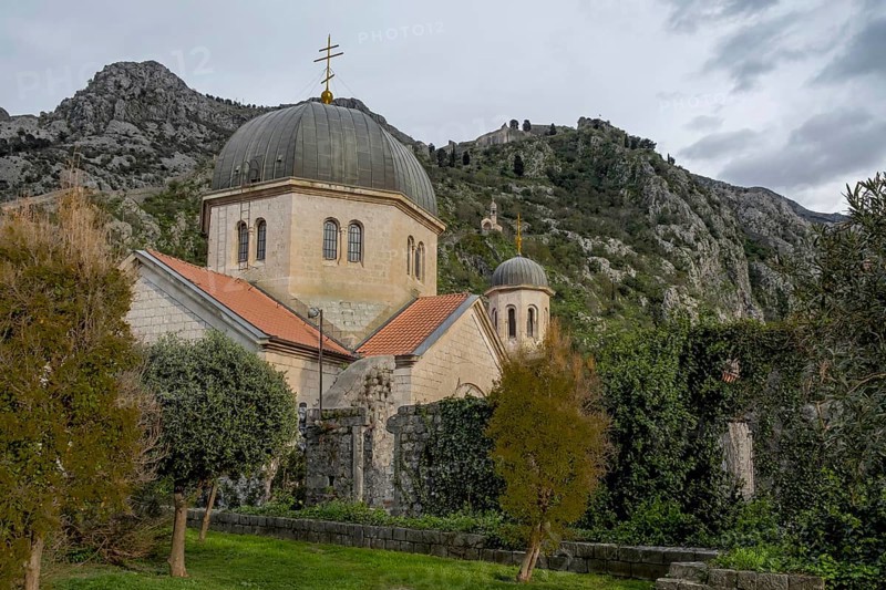 Serbian Orthodox Church of St Nicholas, seen from the city wall, Kotor, Montenegro, Balkans, Europe