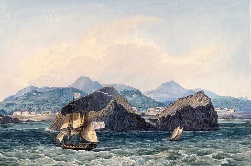 Harbour of Sao Miguel Island, Saint Michael, Azores, Portugal, digital reproduction of a painting by Charles Hamilton Smith (1776-1859), historical, Europe