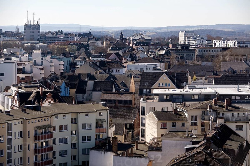 View from the city church tower over the roofs of Giessen city centre, which was almost completely destroyed after the Second World War, Hesse, Germany, Europe