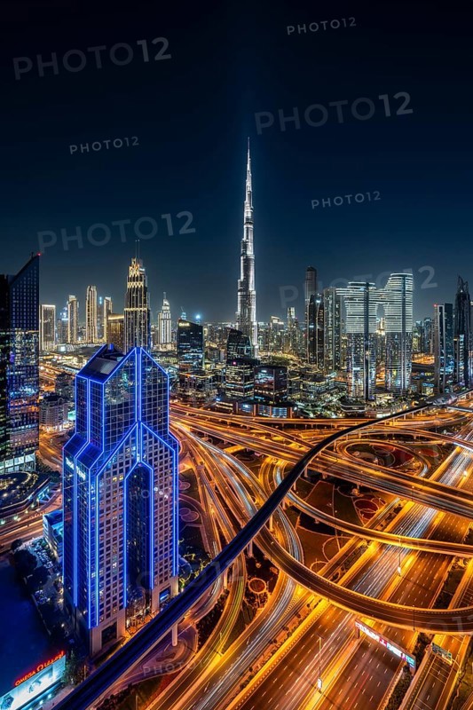 Dubai skyline at night, Burj Khalifa tallest building in the world, United Arab Emirates, Asia