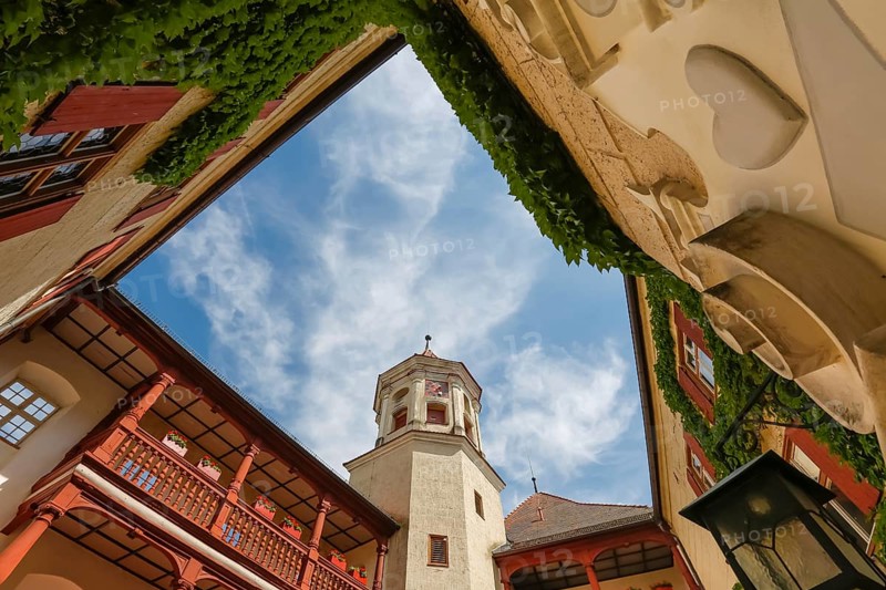 Brenz Castle, Renaissance castle from the 17th century, tower, clock, inner courtyard, wooden courtyard arcades, landmark of the municipality of Sontheim an der Brenz, the oldest local history museum in Baden-Württemberg, local history, rural life, geological, palaeontological, local history collection, architecture, historic building, district of Brenz an der Brenz, Sontheim an der Brenz, district of Heidenheim, Baden-Württemberg, Germany, Europe