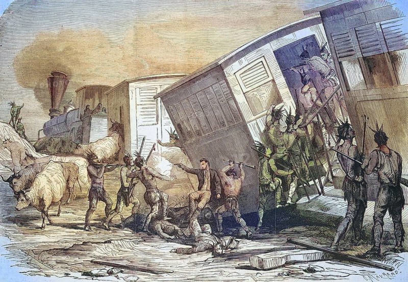 Sioux Indians attacking a train on the Pacific Railroad line in the western United States, 1869, Historic, digitally restored reproduction of a 19th century original, exact original date unknown
