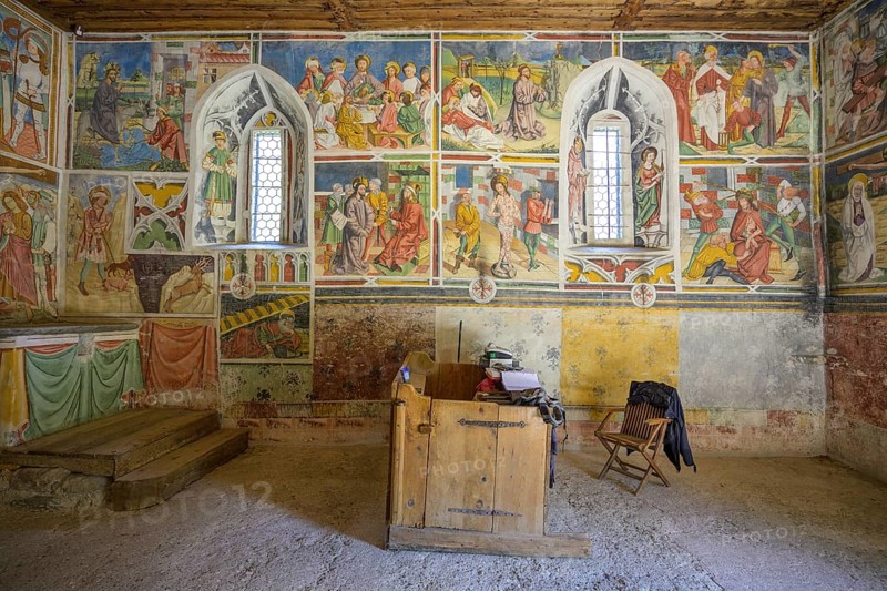 Gothic frescoes in the castle chapel of St Stephen, Morter, Latsch, South Tyrol, Italy, Europe