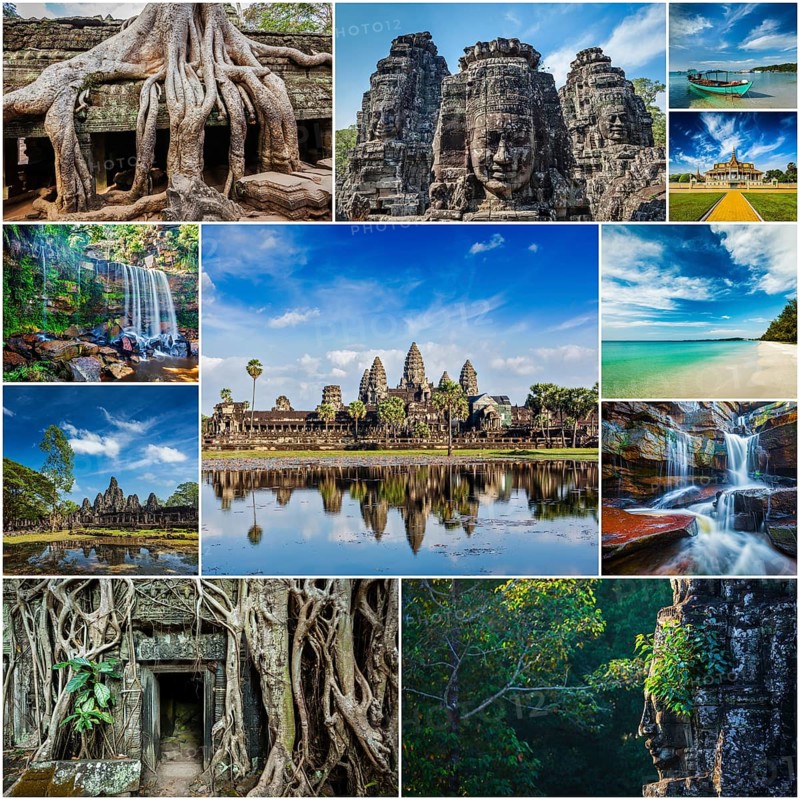 Collage of Cambodia travel images of tourist landmarks