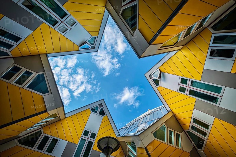 ROTTERDAM, NETHERLANDS, MAY 11, 2017: Cube houses, innovative cube-shaped houses designed by architect Piet Blom with idea to optimize space in Rotterdam, Netherlands now became a tourist attraction
