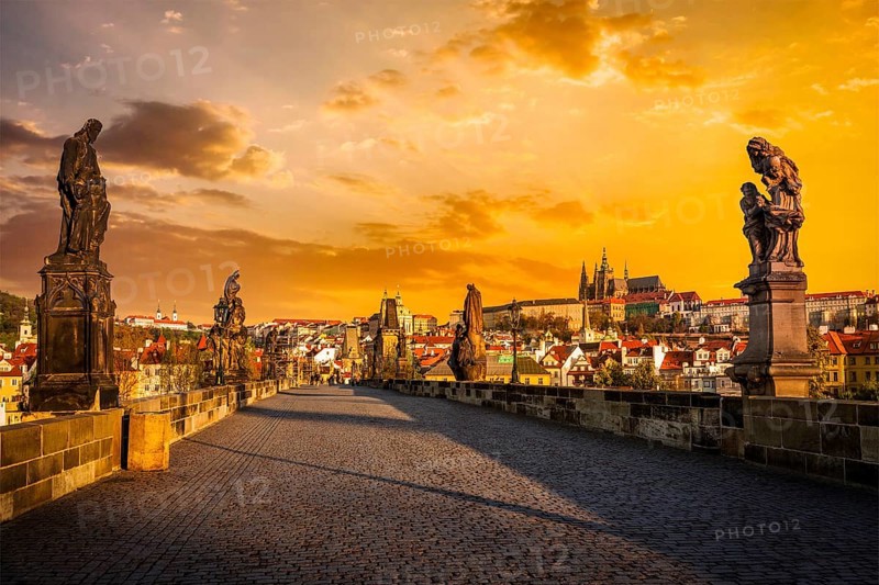 Charles bridge with statues and Prague castle on surise. Prague, Czech Republic, Europe