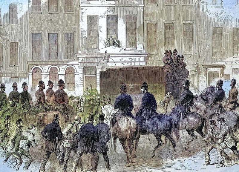 The Clerkenwell bombing, Clerkenwell bombing, was committed on 13 December 1867 in the London Borough of Clerkenwell of the North London Borough of Islington and was directed against Clerkenwell Prison, the defendants being led in front of the jury, London Borough of Islington, 1867, England, Historical, digitally restored reproduction of a 19th century original