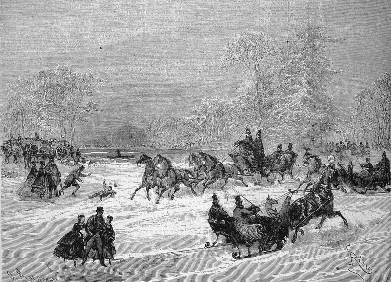 Sleigh Rides in Bois de Boulogne, Horse-drawn Sleighs and Skaters on the Frozen River, 1869, France, Historic, digitally restored reproduction of a 19th century original, exact original date unknown, Europe