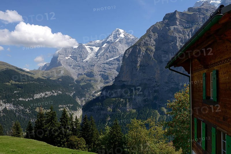 Eiger and Mönch, view of the mountains from Mürren, Jungfrau region, Bernese Oberland, Canton Bern, Switzerland, Europe